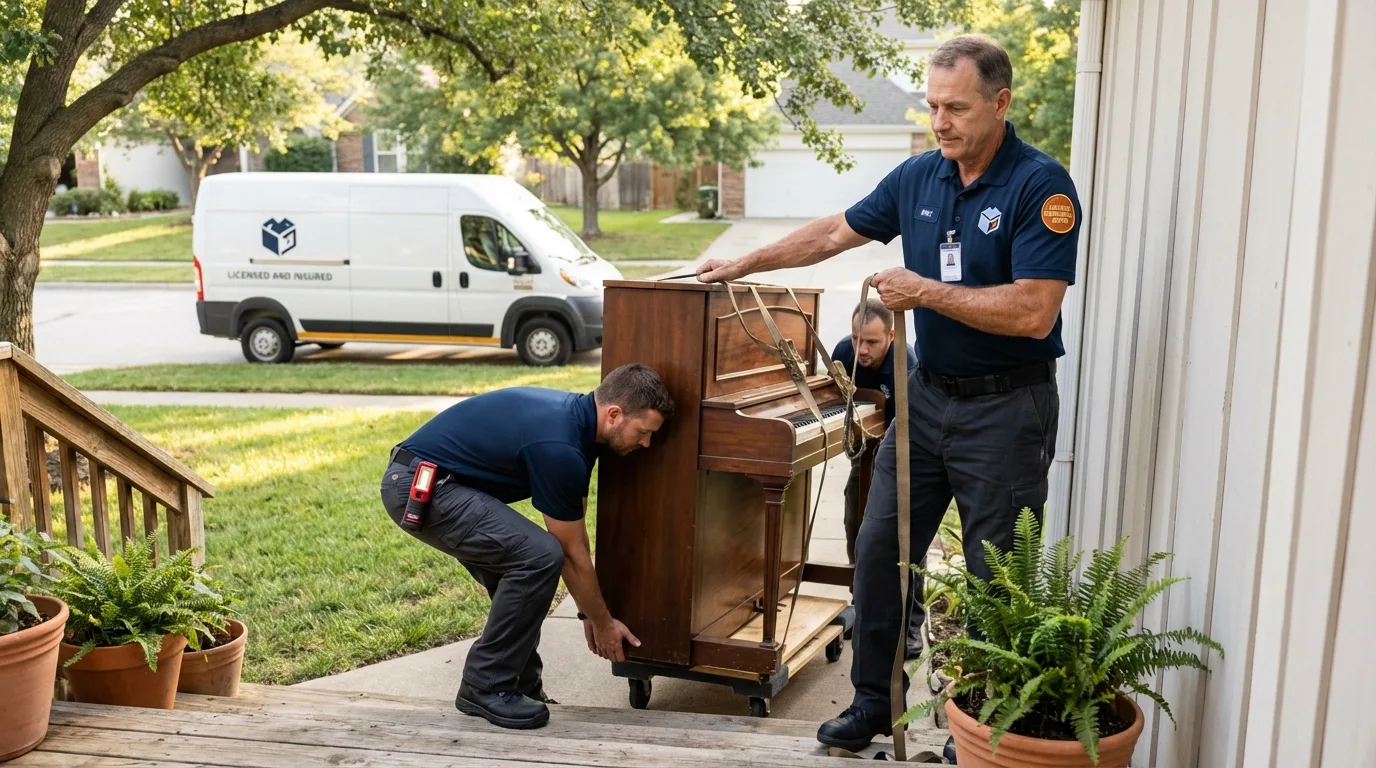 Licensed piano movers securing grand piano in Carrollton, VA