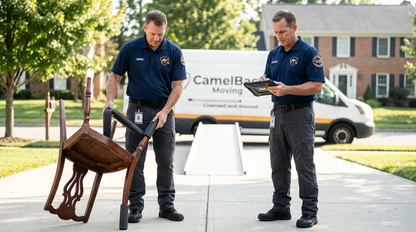 Movers inspecting furniture for damage prevention before loading in Carrollton, VA
