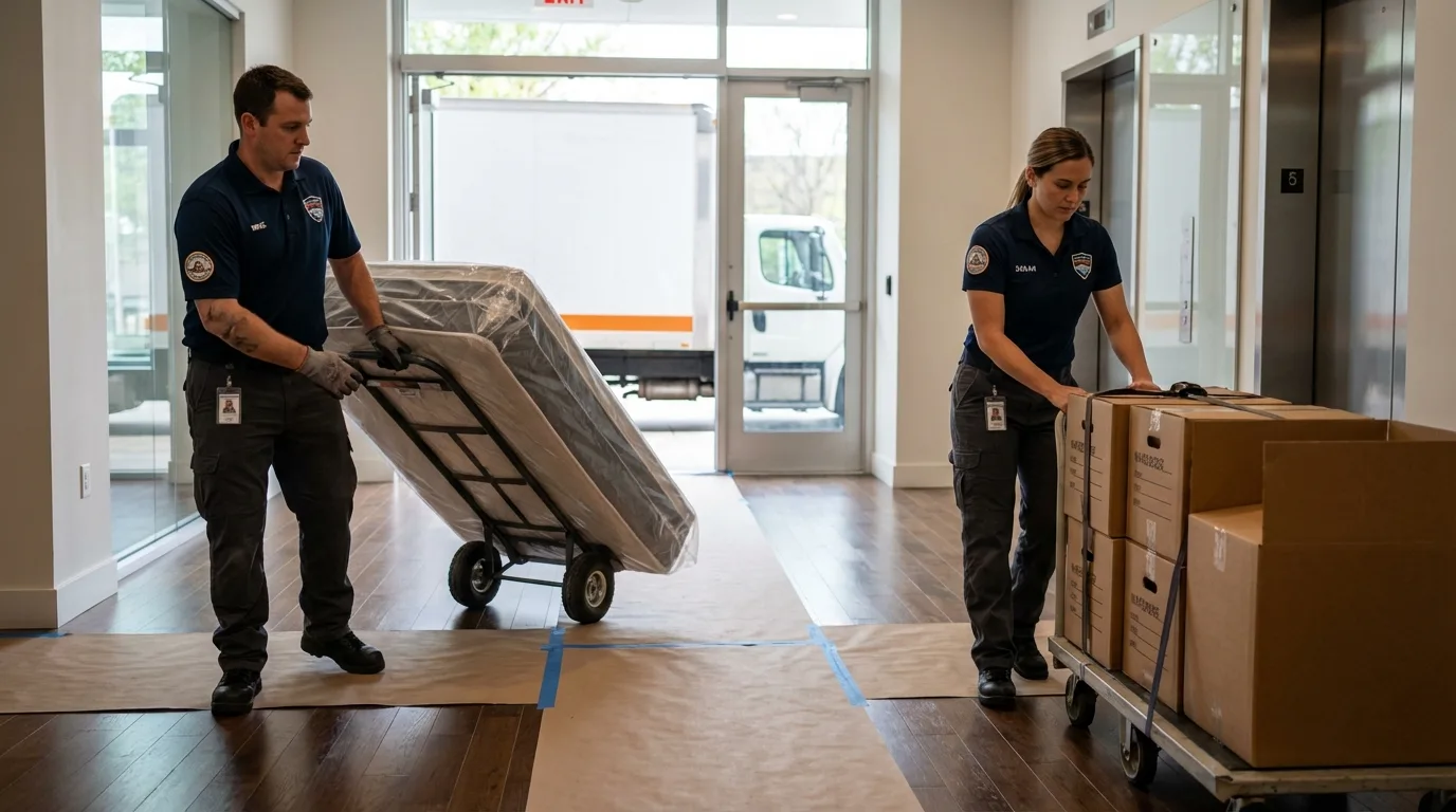 Professional apartment movers loading elevator in Carrollton, VA