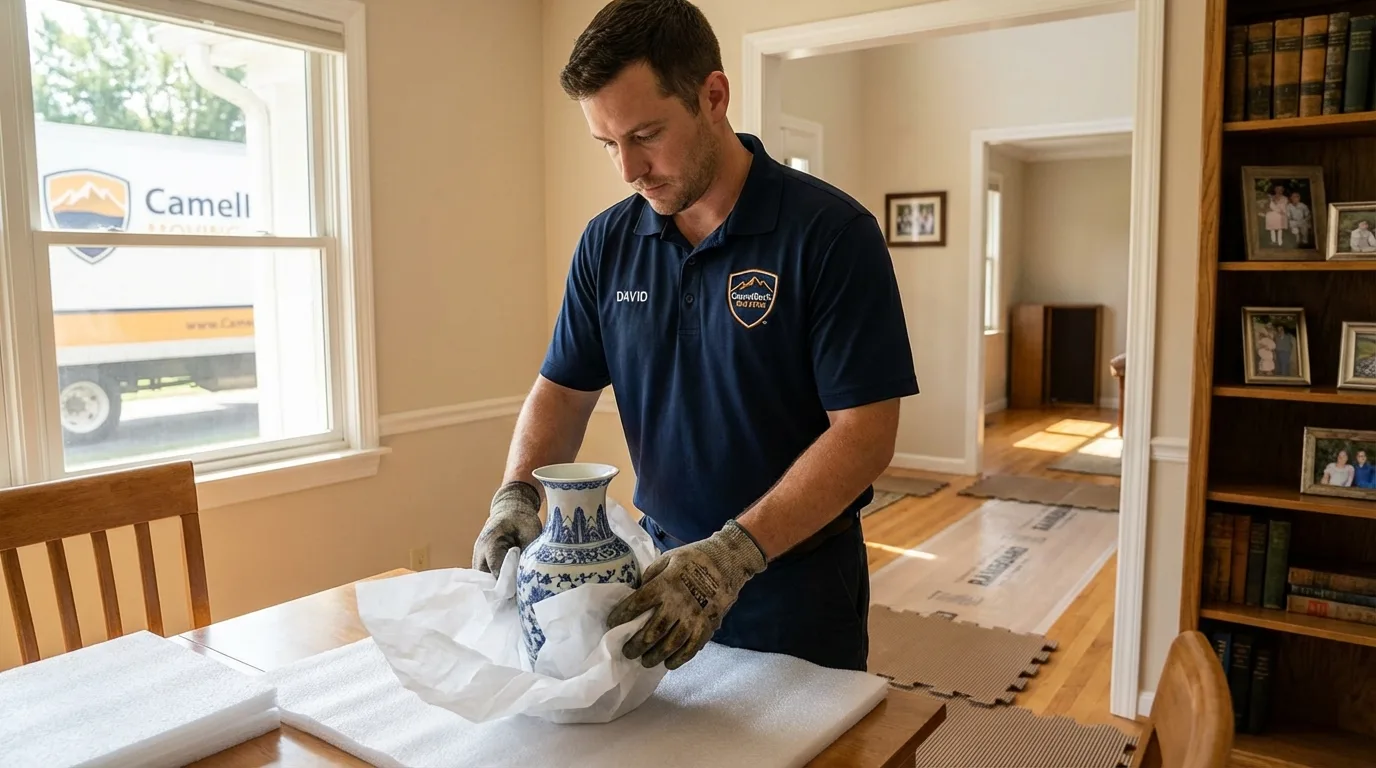 Professional crew carefully wrapping antique vase for senior downsizing move in Carrollton, VA